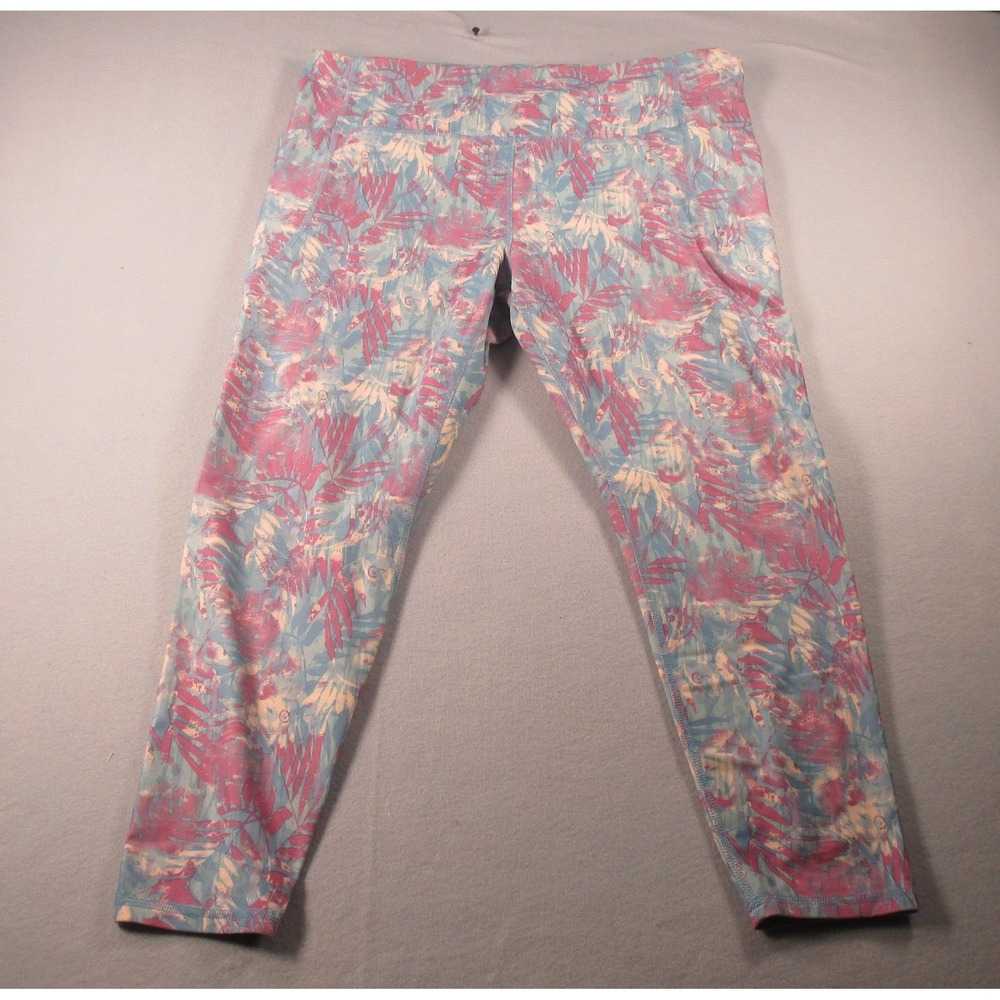 Freely Women's 1X Blue Pink Floral High Rise Stretch Athletic Yoga Leggings